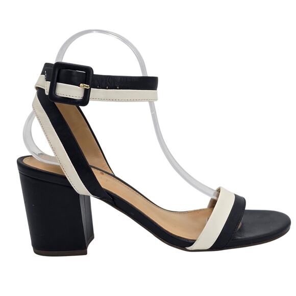 Talbots Nappa Leather Sandals Black White Ankle Strap Block Heel Women's 7.5M - Picture 3 of 10